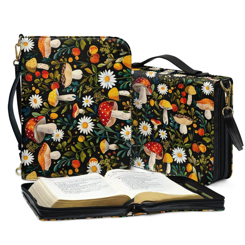 FOR U DESIGNS Mushroom Daisy Bible Cover for Women Soft Bible Case with Strap Size Large Easy to Clean PU Leather Sturdy Bible Protective Carrier Waterproof Personalized Book Organizer Bag
