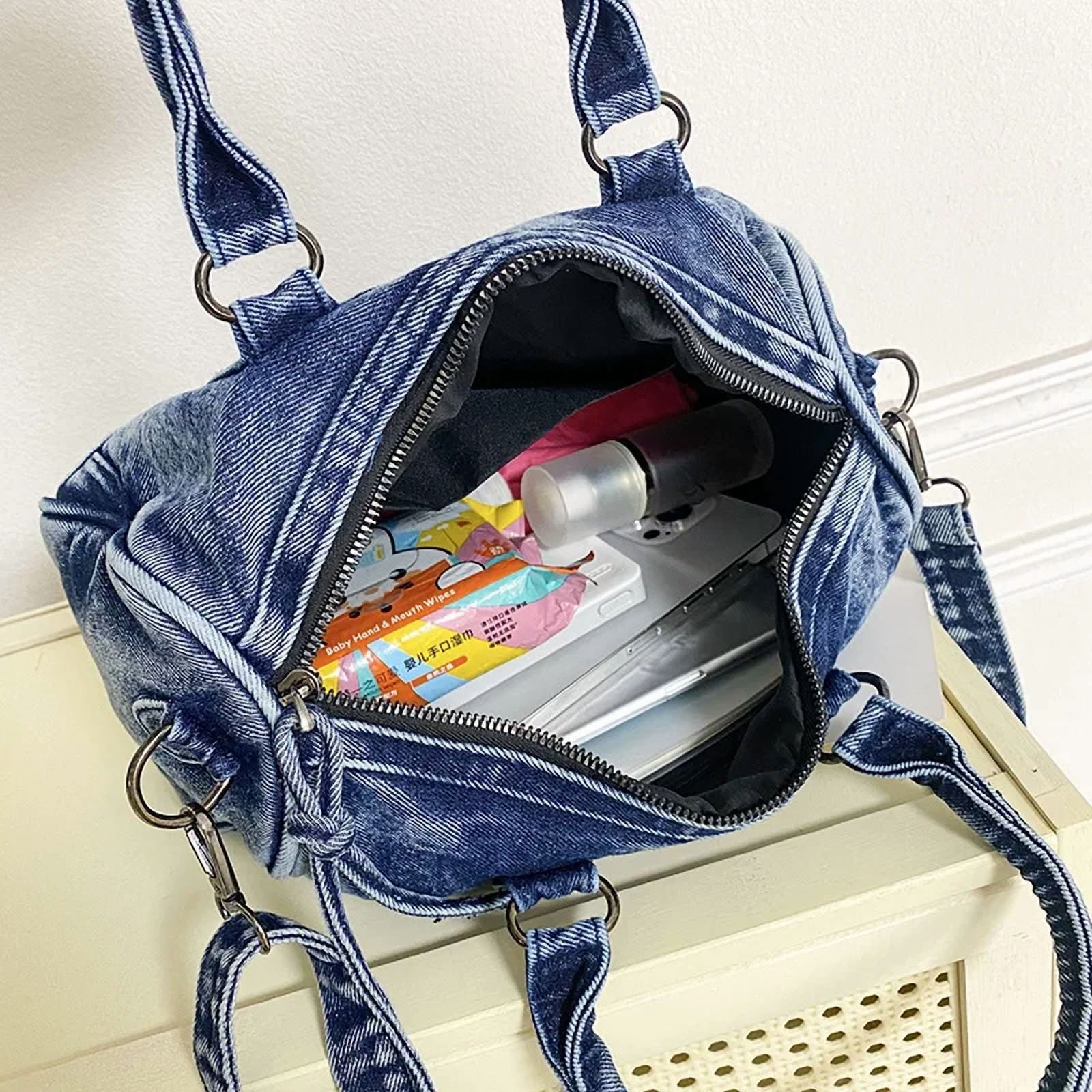 Luxury Designer City Tote Bag for Women Retro Washed Denim Cloth Splicing Fringed Shoulder Portable Messenger Bag Handbags