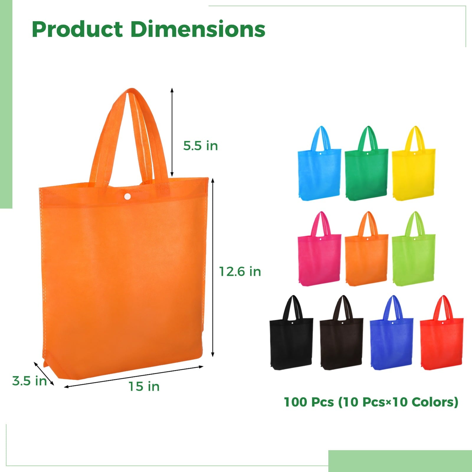 100 Pcs Non-woven Tote Bags, Reusable Grocery Bags Bulk, Large Shopping Bags with Handles & Buttons, Washable & Foldable Present Bags for Parties, Camping, Retail, 10 Colors