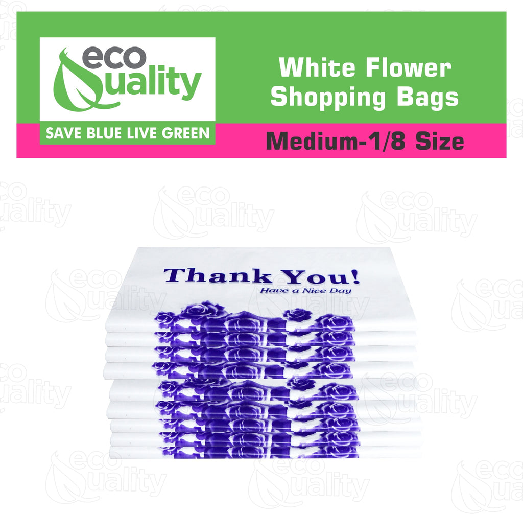 EcoQuality Plastic White Flower T-Shirt Bags 5000ct, 1/8 Shopping Bags, Grocery Bags, Poly Bags, Multi-Use, Medium Size, Reusable Carry Out Bags (17 x 10 x 6 inches) (16 Micron)