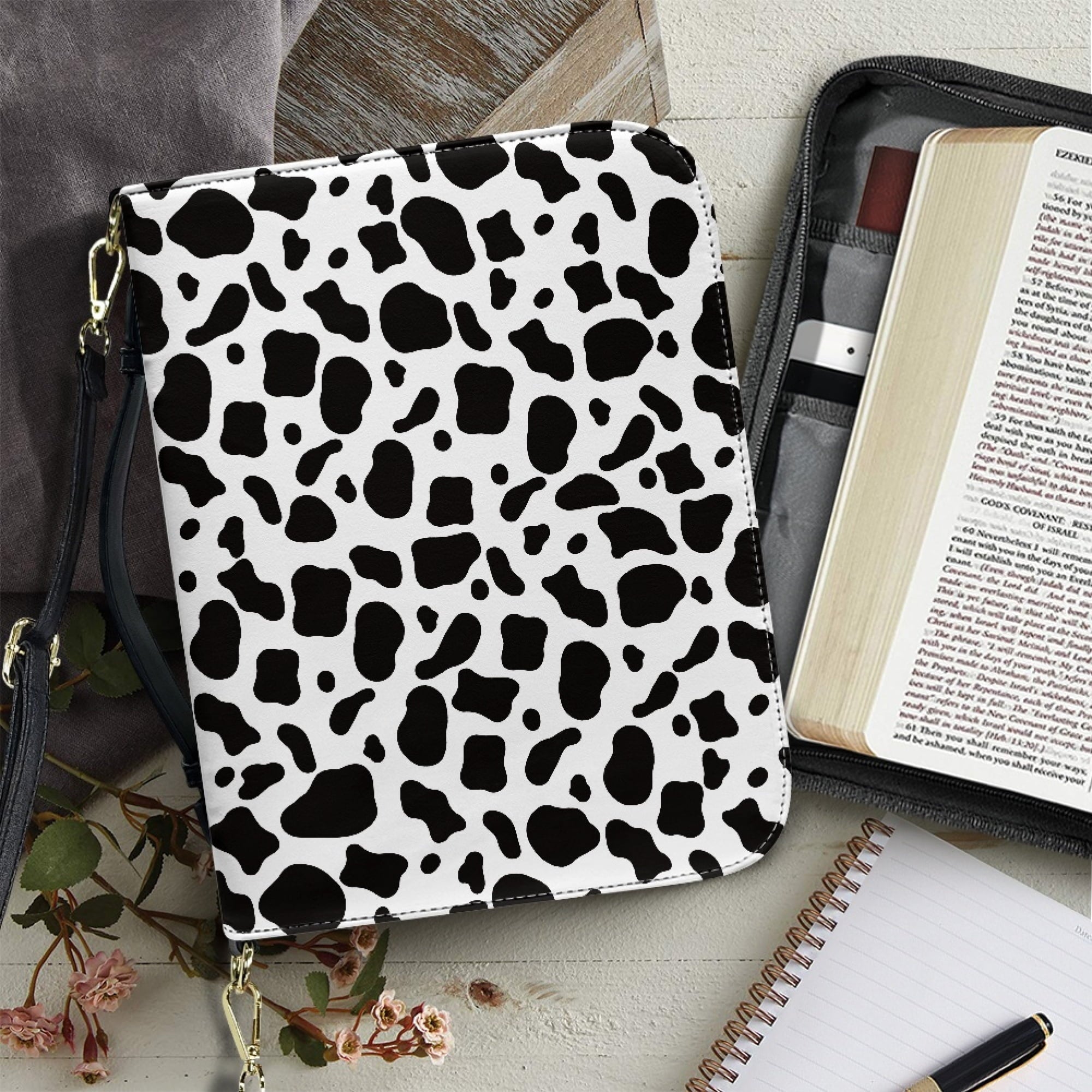 FOR U DESIGNS Cow Print Bible Case with Shoulder Strap Bible Bags for Women PU Leather Personalized Book Organizer Bag Size XL Wear Resistant Bible Holder Bag Zippered Bible Accessories