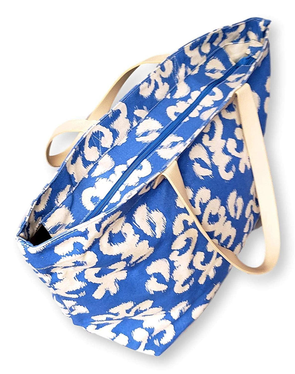 X Large Canvas Blue Damask Print Beach Bag Travel Tote for Women