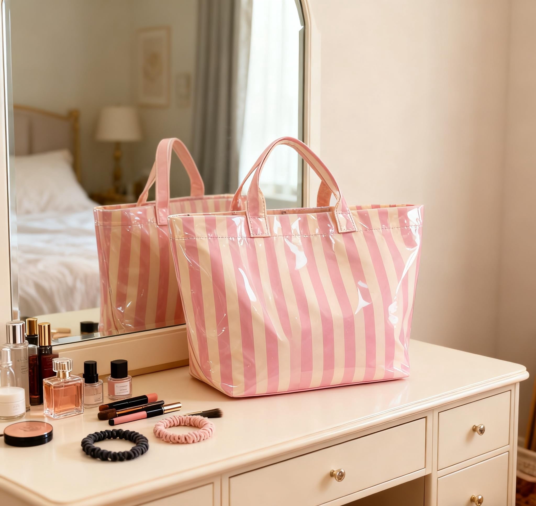 Women’s Waterproof PVC Tote Bag for Women, Large Stripe Plastic Top Handle Oversize Hobo Bag for Travel Work Shopper