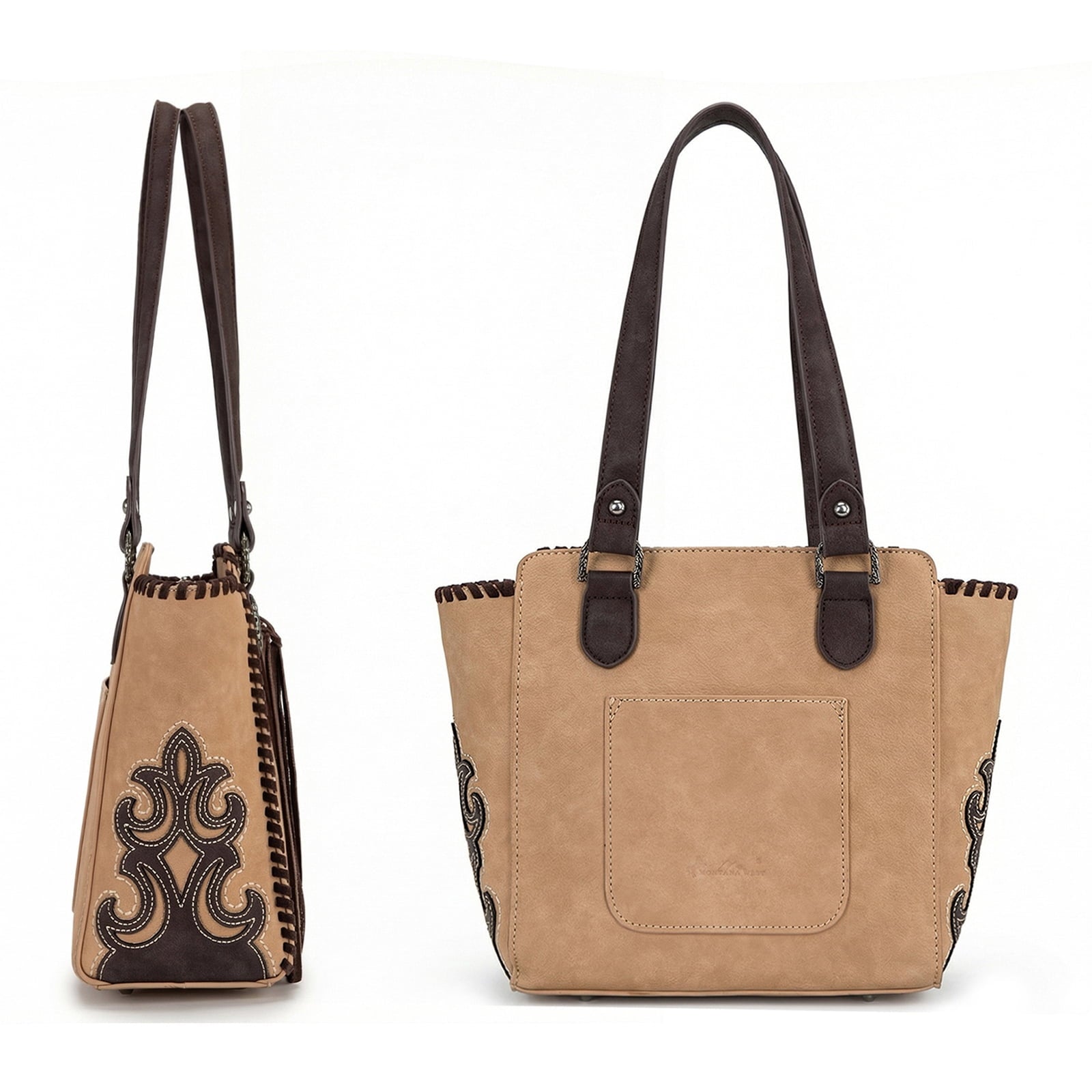 Montana West Western Tote Bag for Women Studded PU Leather Handbag with Fringe Tassel Fashion Medium Size Shoulder Purse Cowgirl Style Tote, Tan