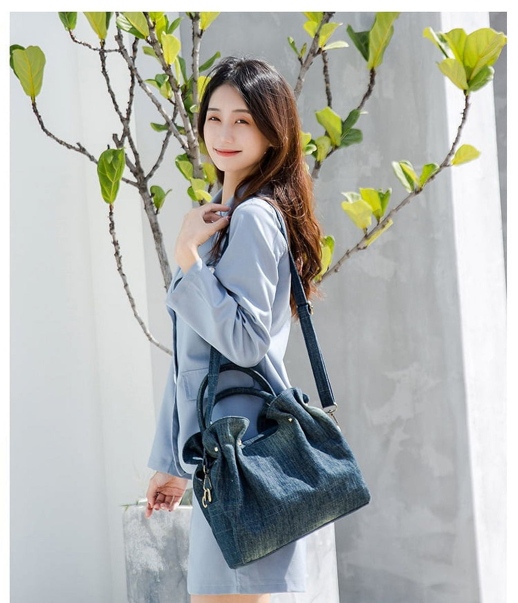 Fashion Ruched ladies handbag Commuting Denim women Shoulder Crossbody Bag Multiple pockets Luxury design Female big Totes blue