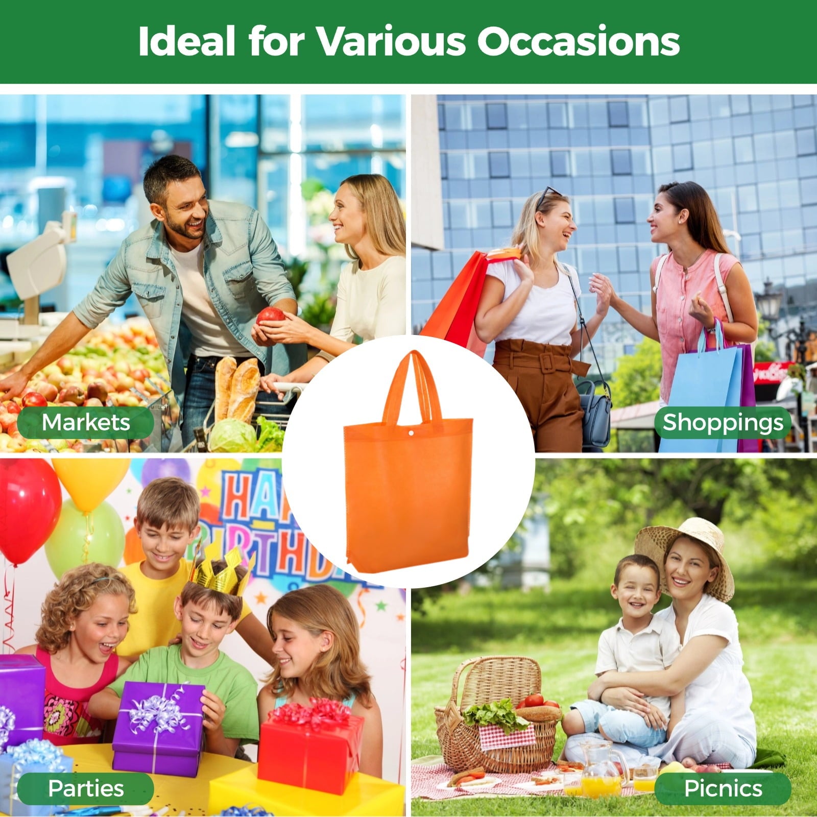100 Pcs Non-woven Tote Bags, Reusable Grocery Bags Bulk, Large Shopping Bags with Handles & Buttons, Washable & Foldable Present Bags for Parties, Camping, Retail, 10 Colors