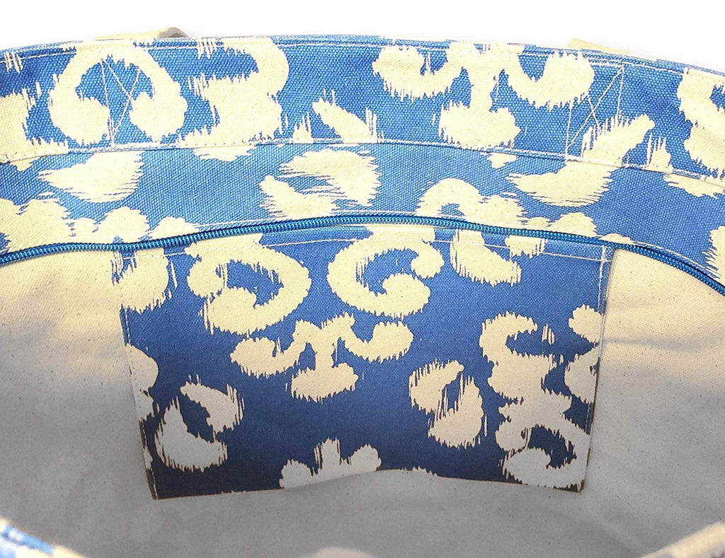 X Large Canvas Blue Damask Print Beach Bag Travel Tote for Women