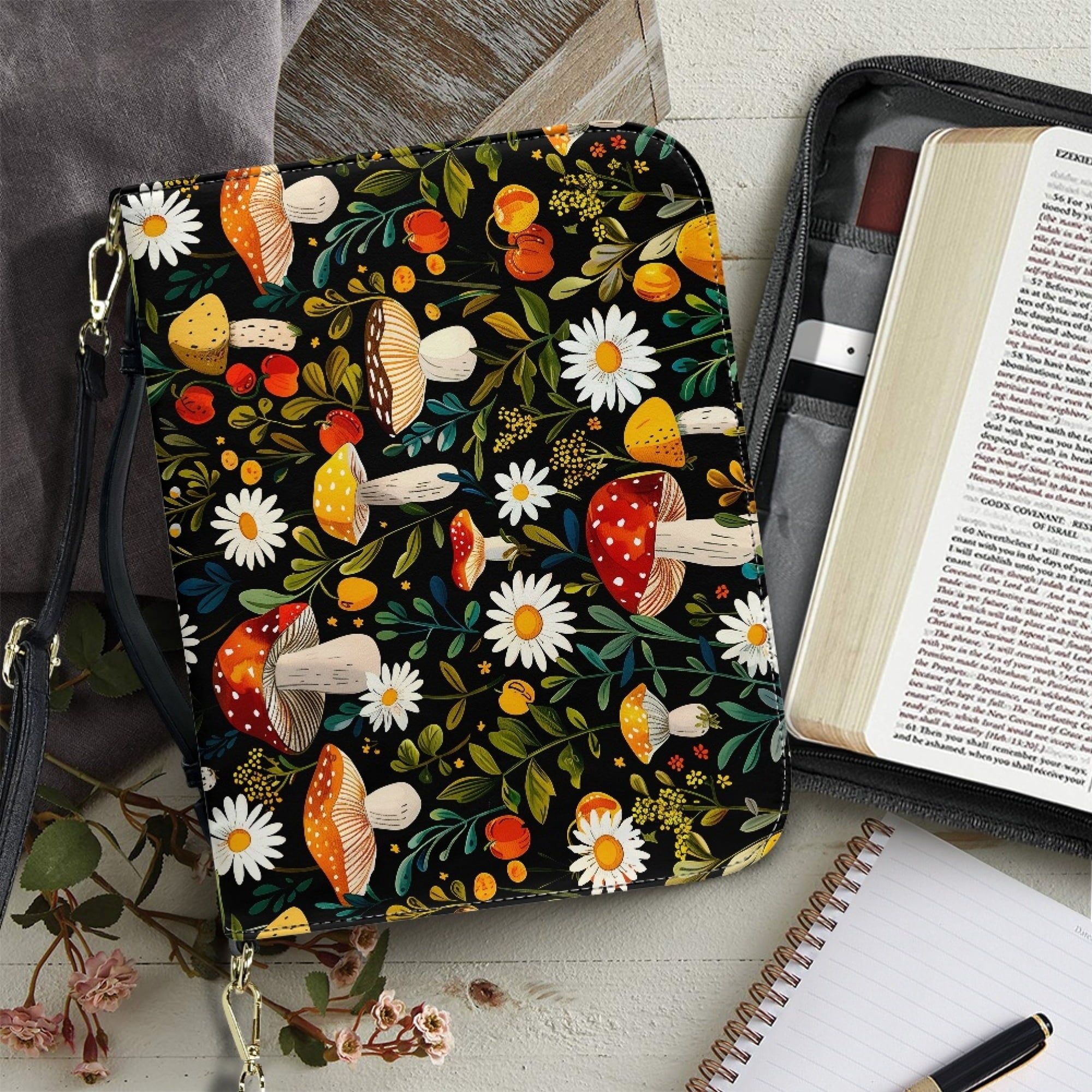 FOR U DESIGNS Mushroom Daisy Bible Cover for Women Soft Bible Case with Strap Size Large Easy to Clean PU Leather Sturdy Bible Protective Carrier Waterproof Personalized Book Organizer Bag