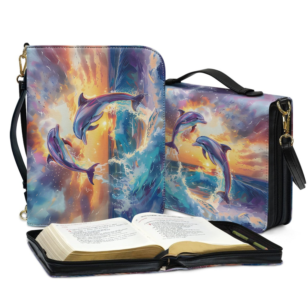 FOR U DESIGNS Ocean Dolphins Bible Bags for Women Tote Portable Sturdy Leather Bible Cover Size Large Holistic Leather Bible Bags Personalized Multifunctional Bible Book Carrying Case