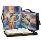 FOR U DESIGNS Ocean Dolphins Bible Bags for Women Tote Portable Sturdy Leather Bible Cover Size Large Holistic Leather Bible Bags Personalized Multifunctional Bible Book Carrying Case