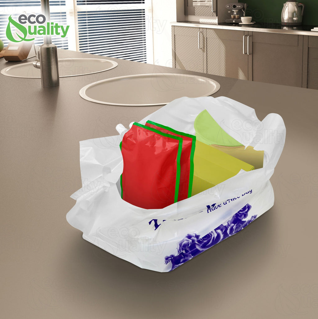 EcoQuality Plastic White Flower T-Shirt Bags 5000ct, 1/8 Shopping Bags, Grocery Bags, Poly Bags, Multi-Use, Medium Size, Reusable Carry Out Bags (17 x 10 x 6 inches) (16 Micron)
