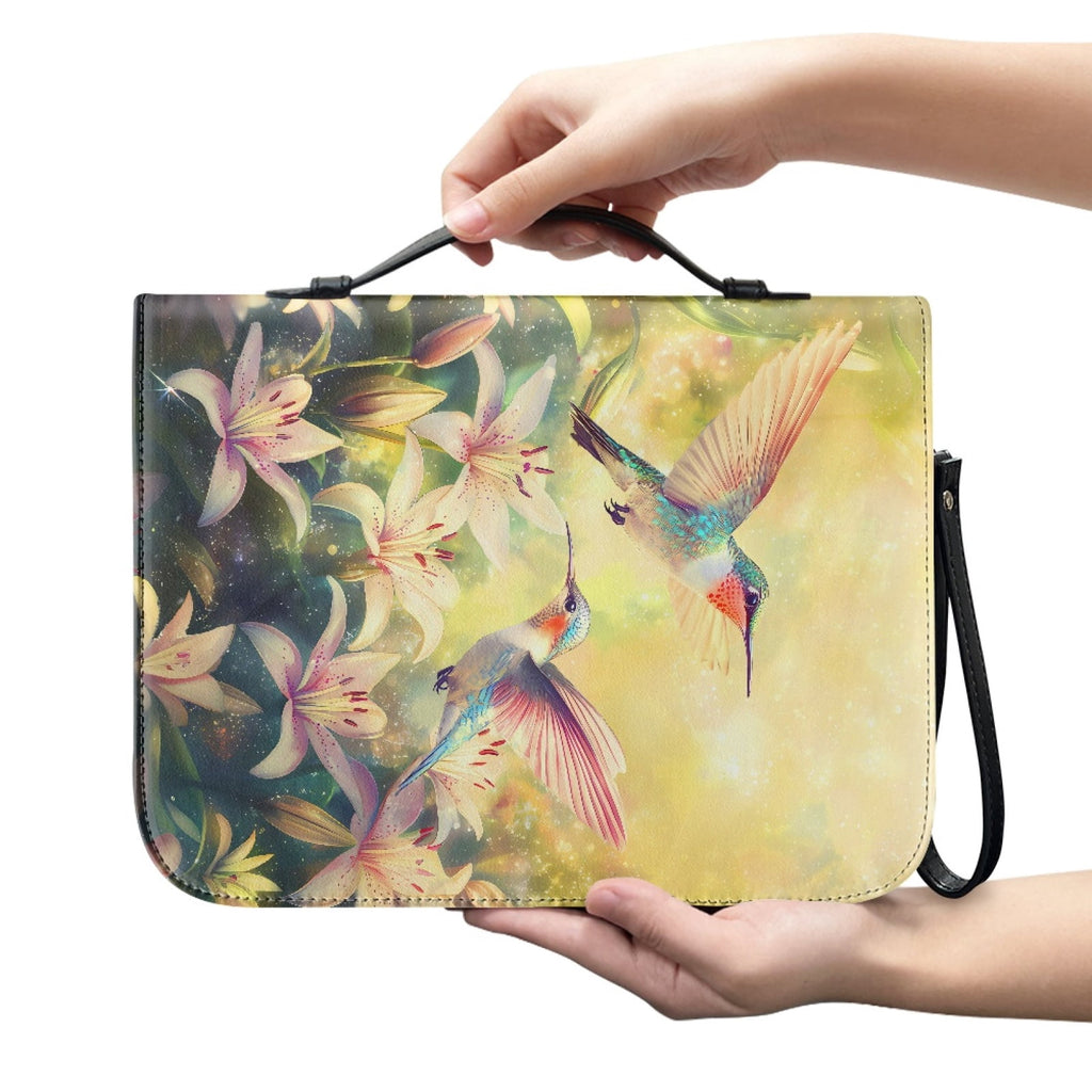 ZUXONGSY Hummingbird Lily Flower Print PU Leather Bible Case for Women Men Lightweight Bible Carrying Tote Bags with Detachable Wristlet Strap Church Bag for Bible Study Bible Gift, L