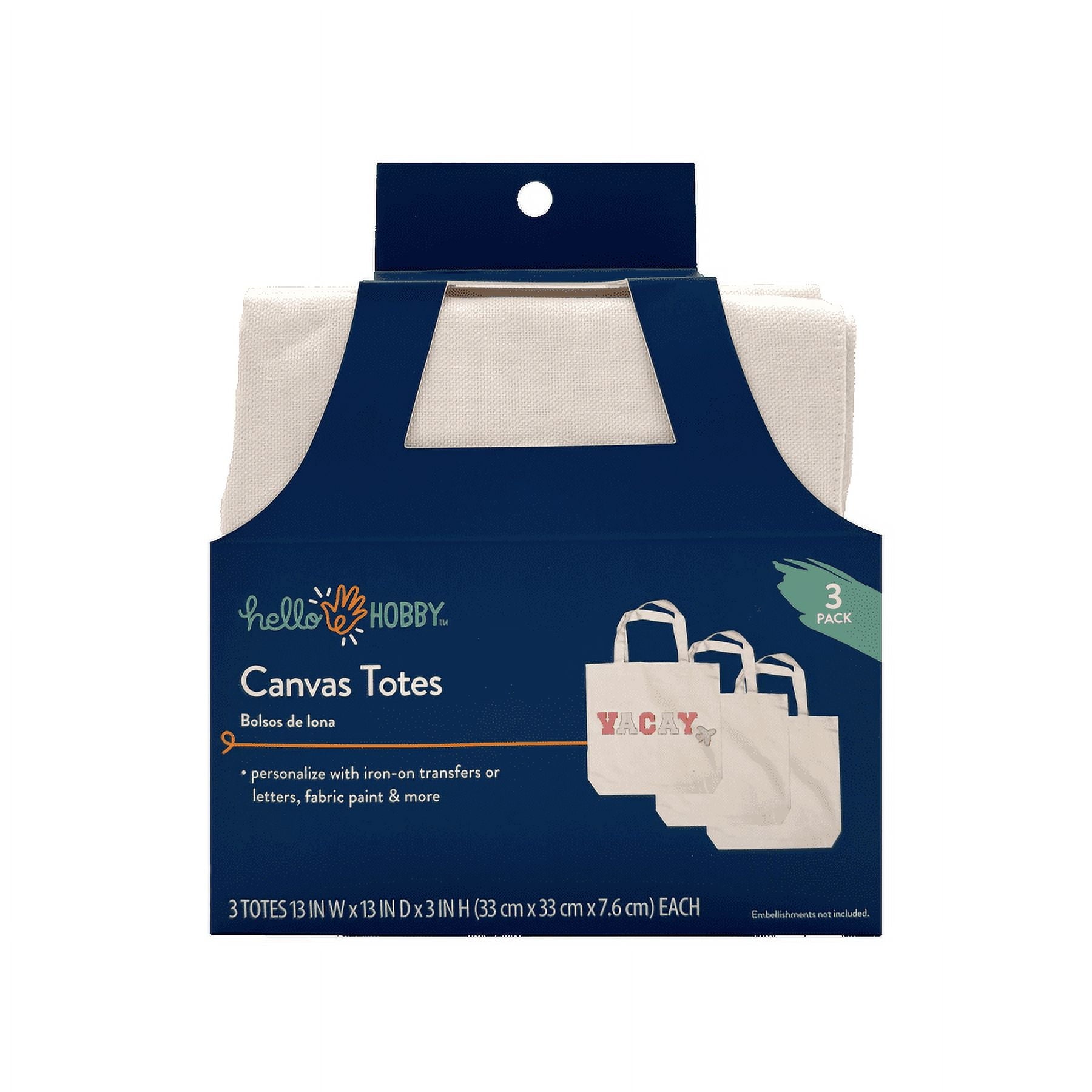 (3 pack) Hello Hobby, Large White Canvas Open Tote Bag with Straps, 13.5” x 13.5” x 3.5”, 3 pack