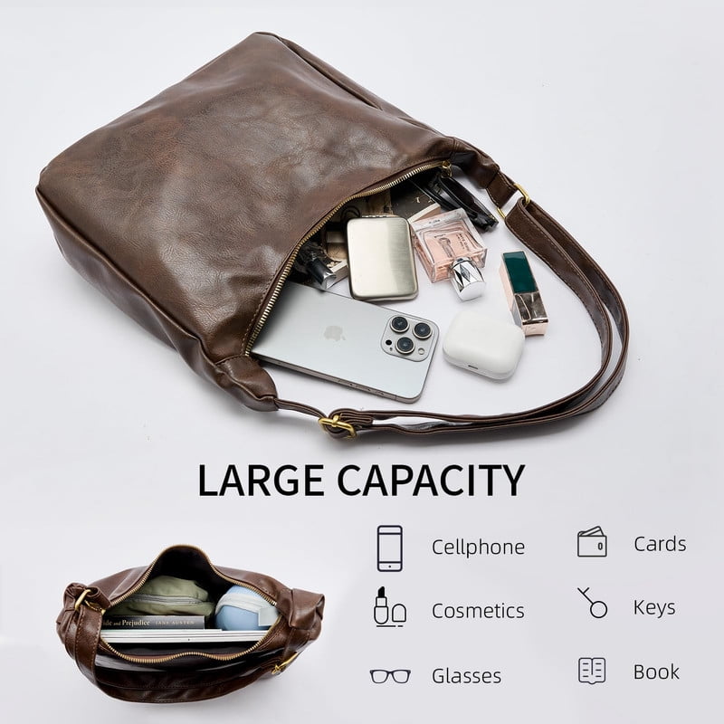 AOUNQ Hobo Bags for Women, Vegan Leather Shoulder Handbag, Stylish Slouchy Tote Bag, Crossbody Purses with Adjustable Wide Strap, Brown