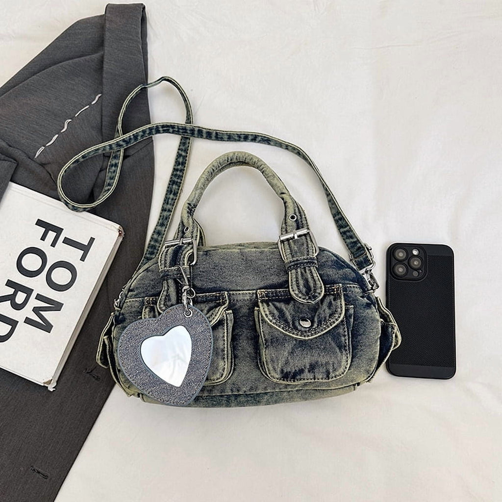 Baguery Women's Denim Messenger Bag - Cute Pendant Small Casual Crossbody, Chic Shoulder Handbag for Travel/Daily Use​