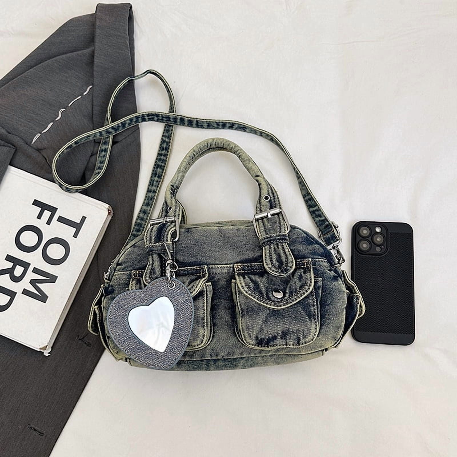 Baguery Women's Denim Messenger Bag - Cute Pendant Small Casual Crossbody, Chic Shoulder Handbag for Travel/Daily Use​