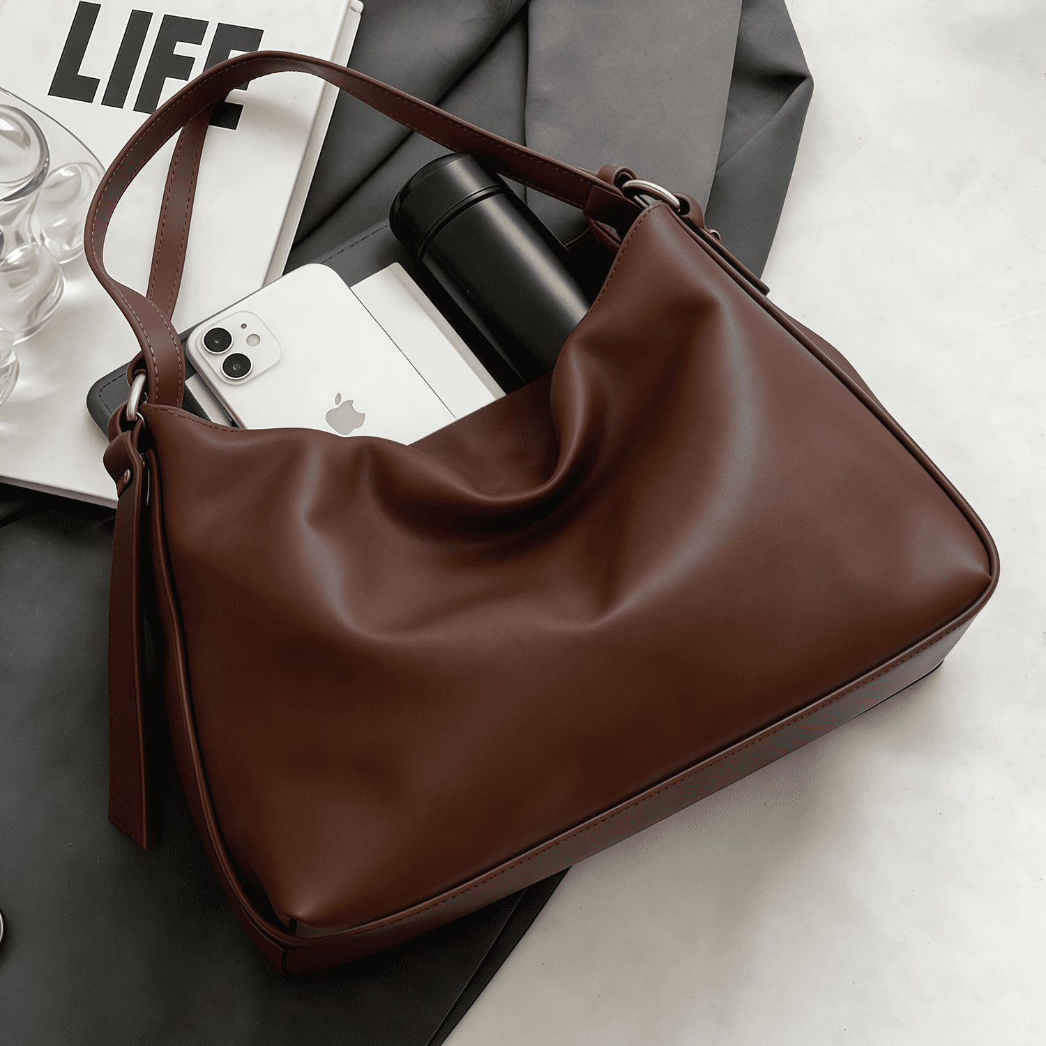 Women Soft Vegan Leather Shoulder Handbag, Casual Tote Bag Handle travel college work handbag handbag coffee