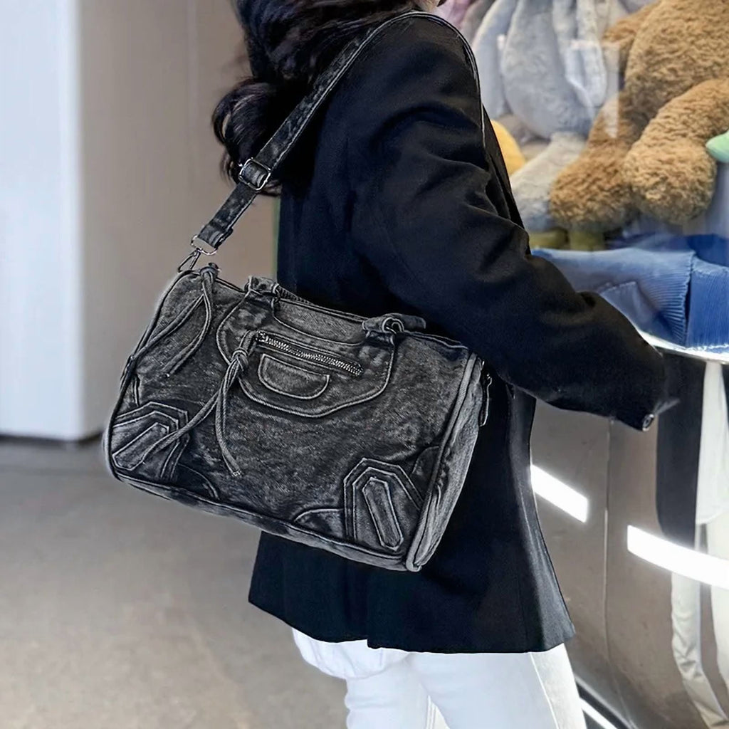 Luxury Designer City Tote Bag for Women Retro Washed Denim Cloth Splicing Fringed Shoulder Portable Messenger Bag Handbags