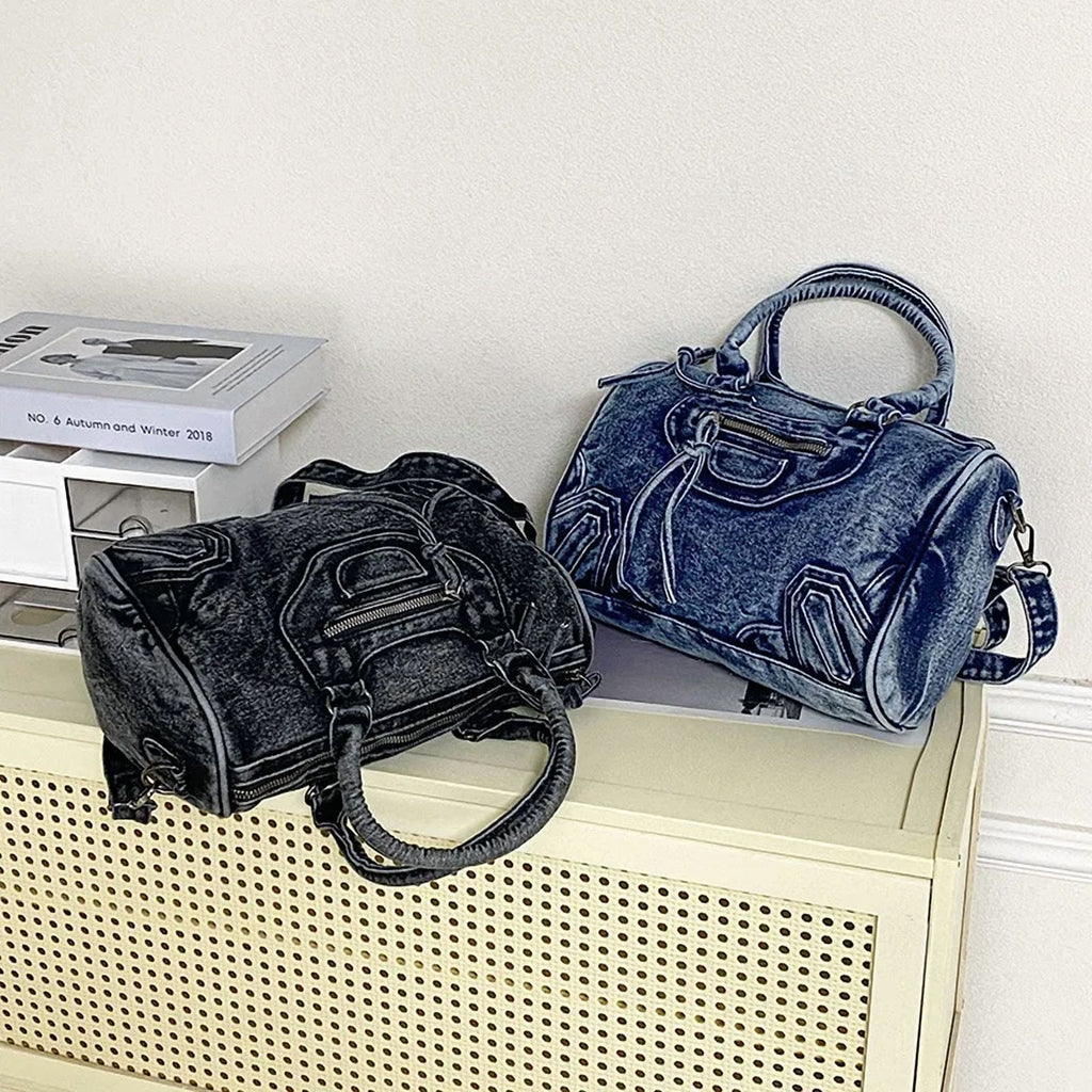 Luxury Designer City Tote Bag for Women Retro Washed Denim Cloth Splicing Fringed Shoulder Portable Messenger Bag Handbags
