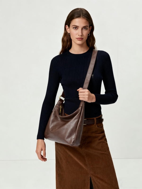 AOUNQ Hobo Bags for Women, Vegan Leather Shoulder Handbag, Stylish Slouchy Tote Bag, Crossbody Purses with Adjustable Wide Strap, Brown