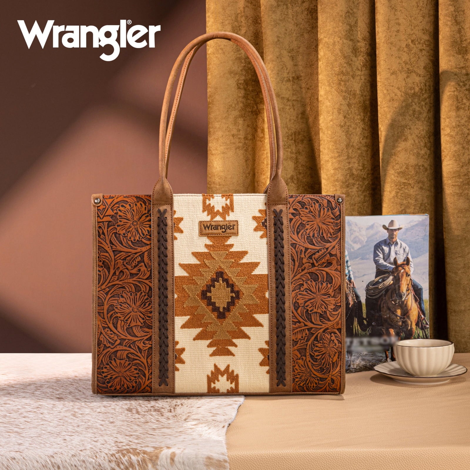Wrangler Aztec Tote Bag for Women Western Shoulder Purse Top Handle Handbag Stylish and Functional Aztec Design， Brown