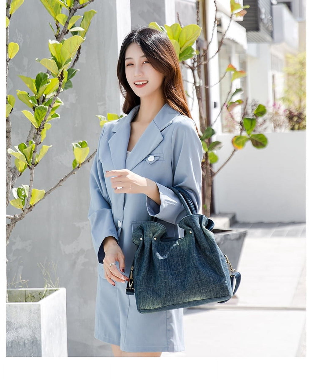 Fashion Ruched ladies handbag Commuting Denim women Shoulder Crossbody Bag Multiple pockets Luxury design Female big Totes blue