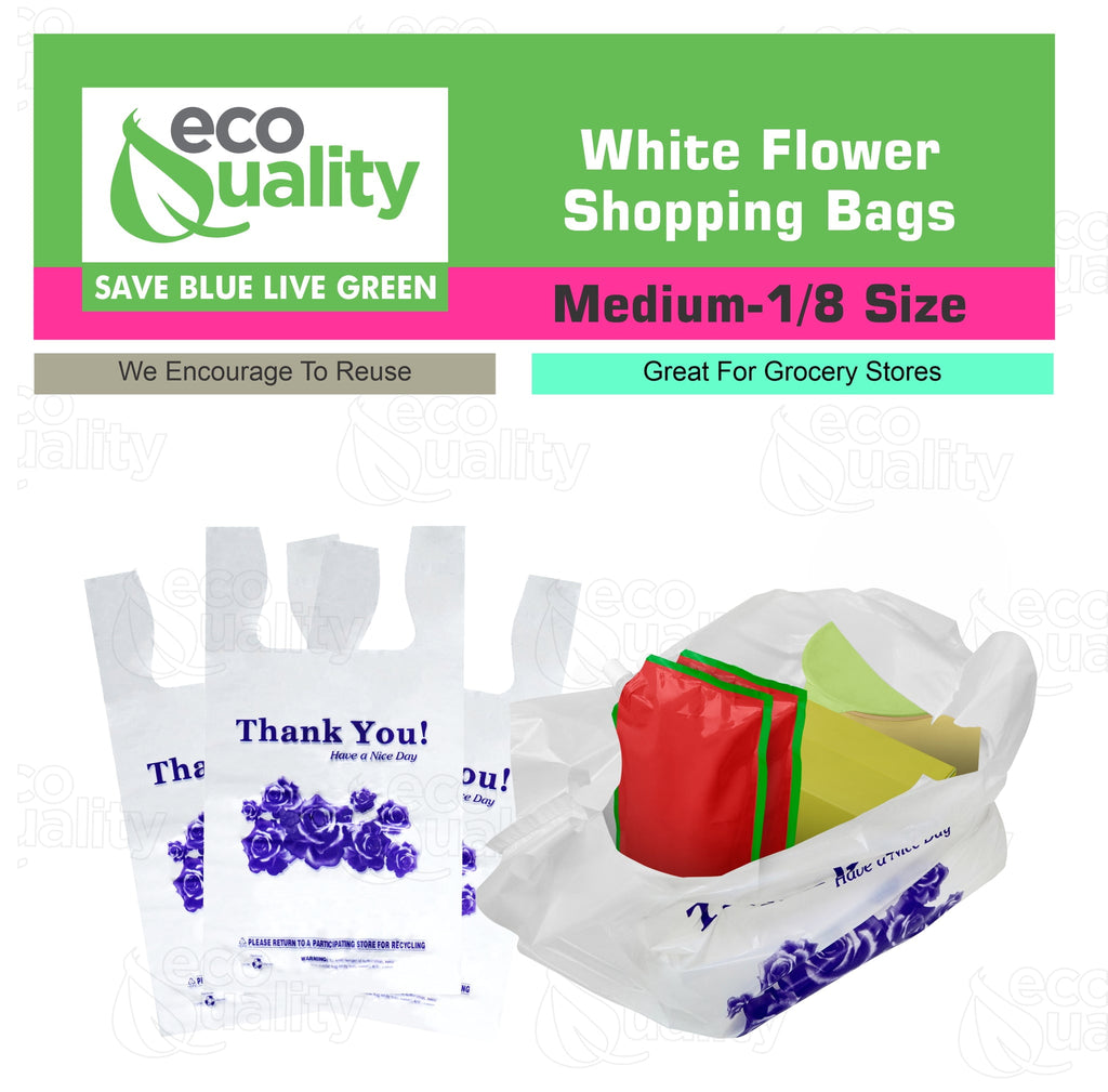 EcoQuality Plastic White Flower T-Shirt Bags 5000ct, 1/8 Shopping Bags, Grocery Bags, Poly Bags, Multi-Use, Medium Size, Reusable Carry Out Bags (17 x 10 x 6 inches) (16 Micron)