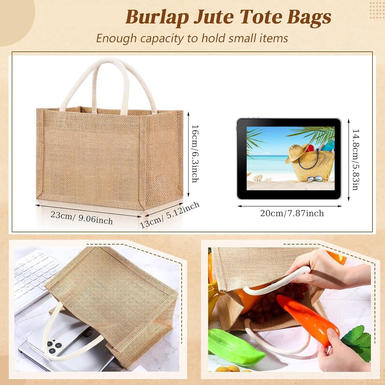 Burlap Jute Canvas Blank Tote Bag, 12-Piece Set