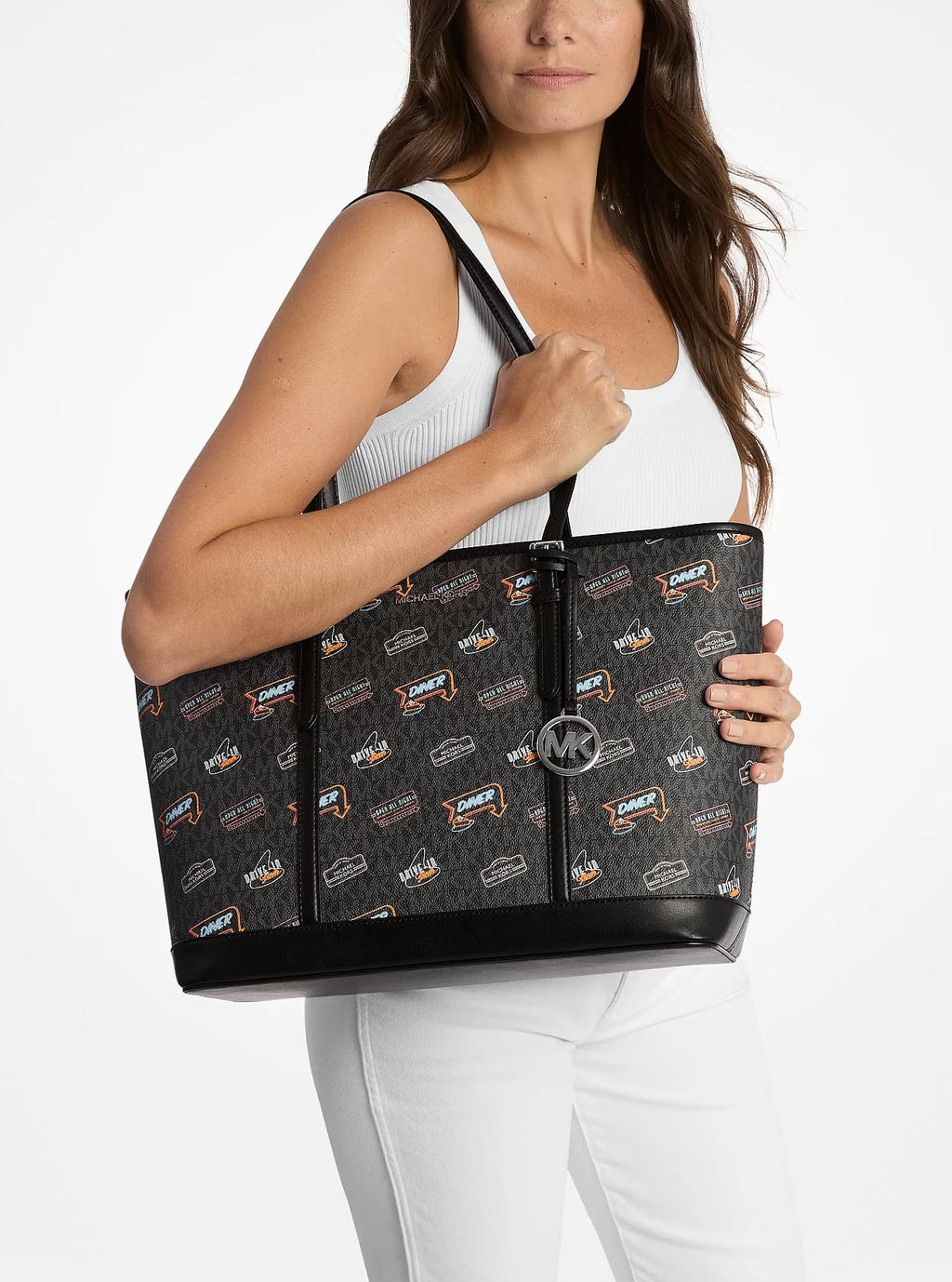 Michael Kors  Jet Set Large Printed Signature Logo Tote Bag -Black
