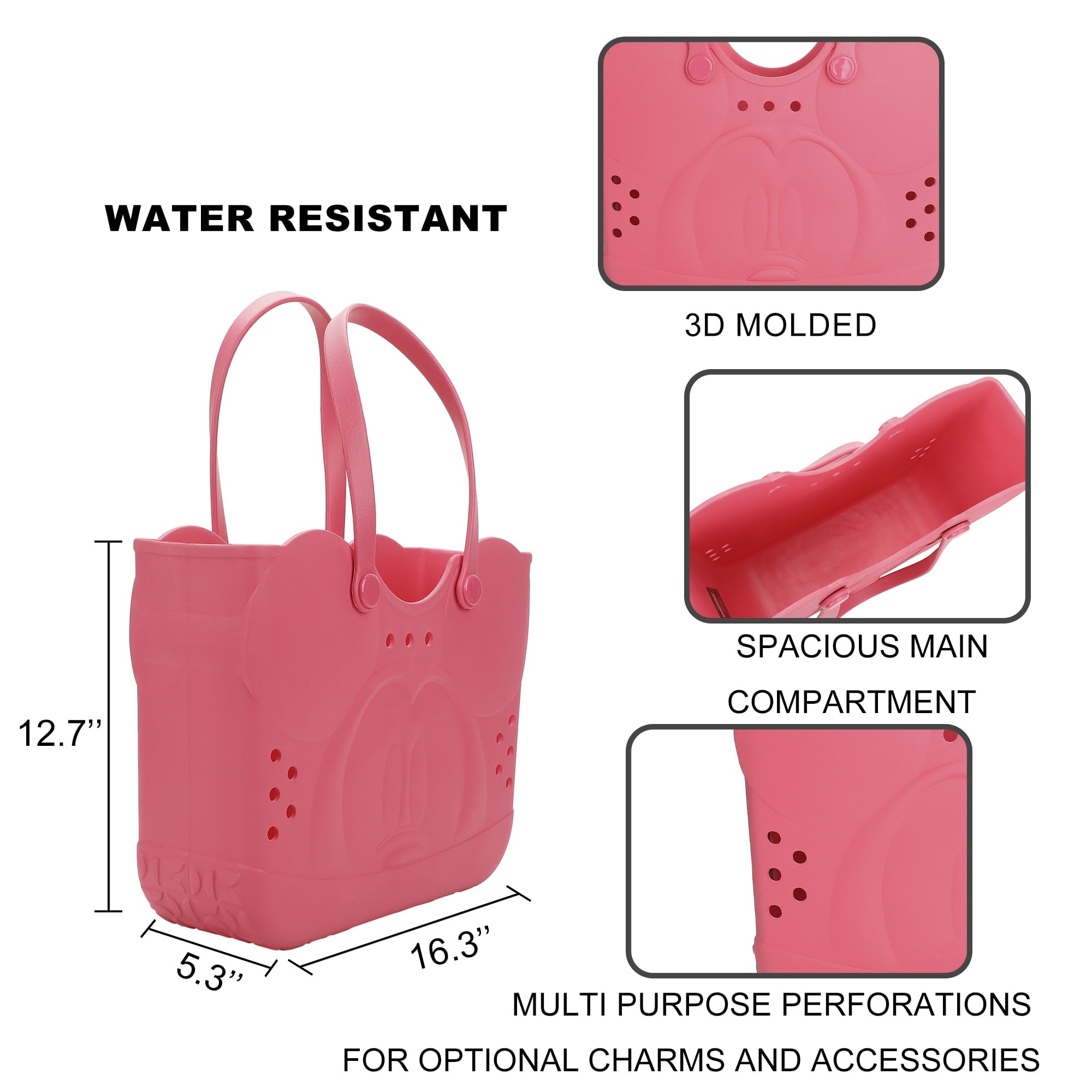 Disney Mickey Mouse Face 16.5" Adult Black Pink Water-Resistant Rubber Molded Large Tote Beach Swim Bag