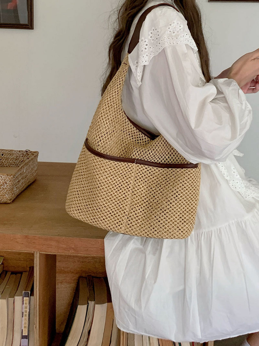 Summer Beach Straw Bags for Women Retro Design Female Pocket Commuter Tote Handbags Seaside Travel Ladies Woven Underarm Bag