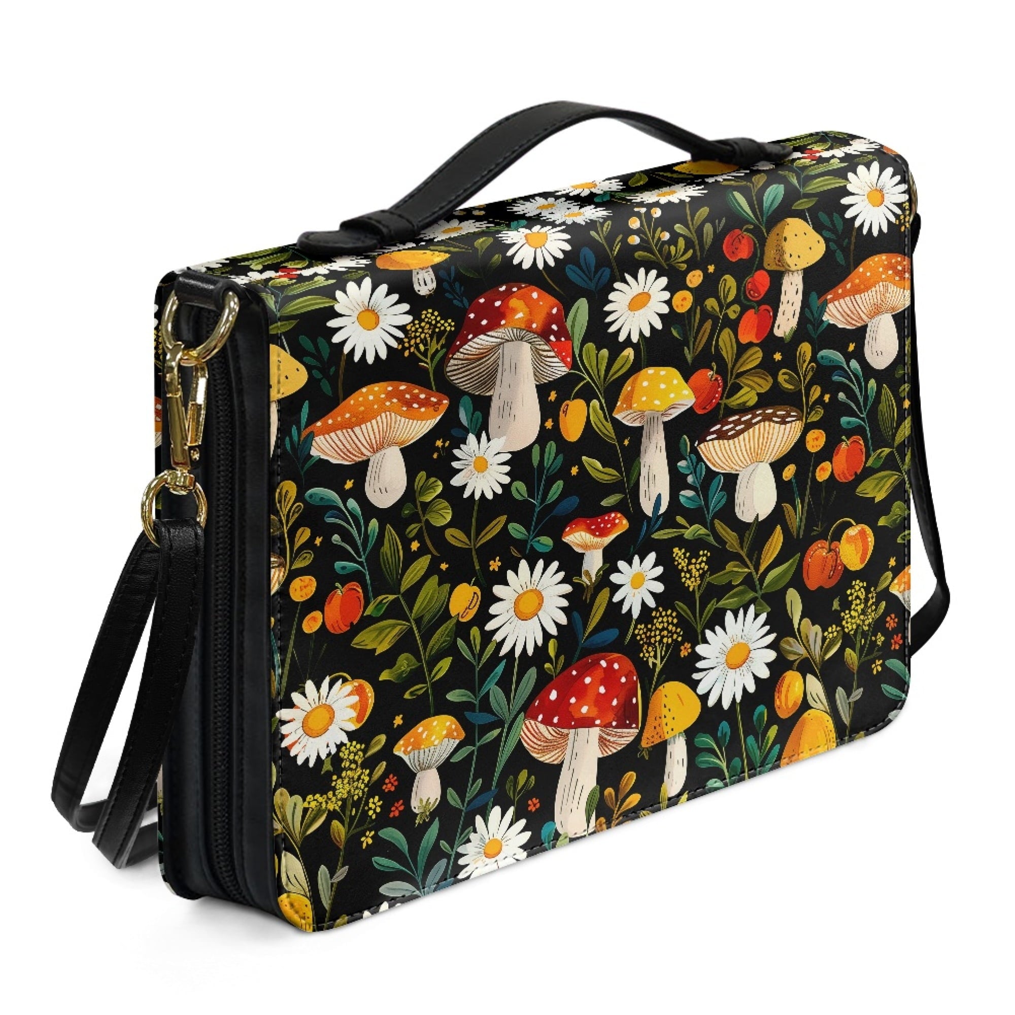 FOR U DESIGNS Mushroom Daisy Bible Cover for Women Soft Bible Case with Strap Size Large Easy to Clean PU Leather Sturdy Bible Protective Carrier Waterproof Personalized Book Organizer Bag
