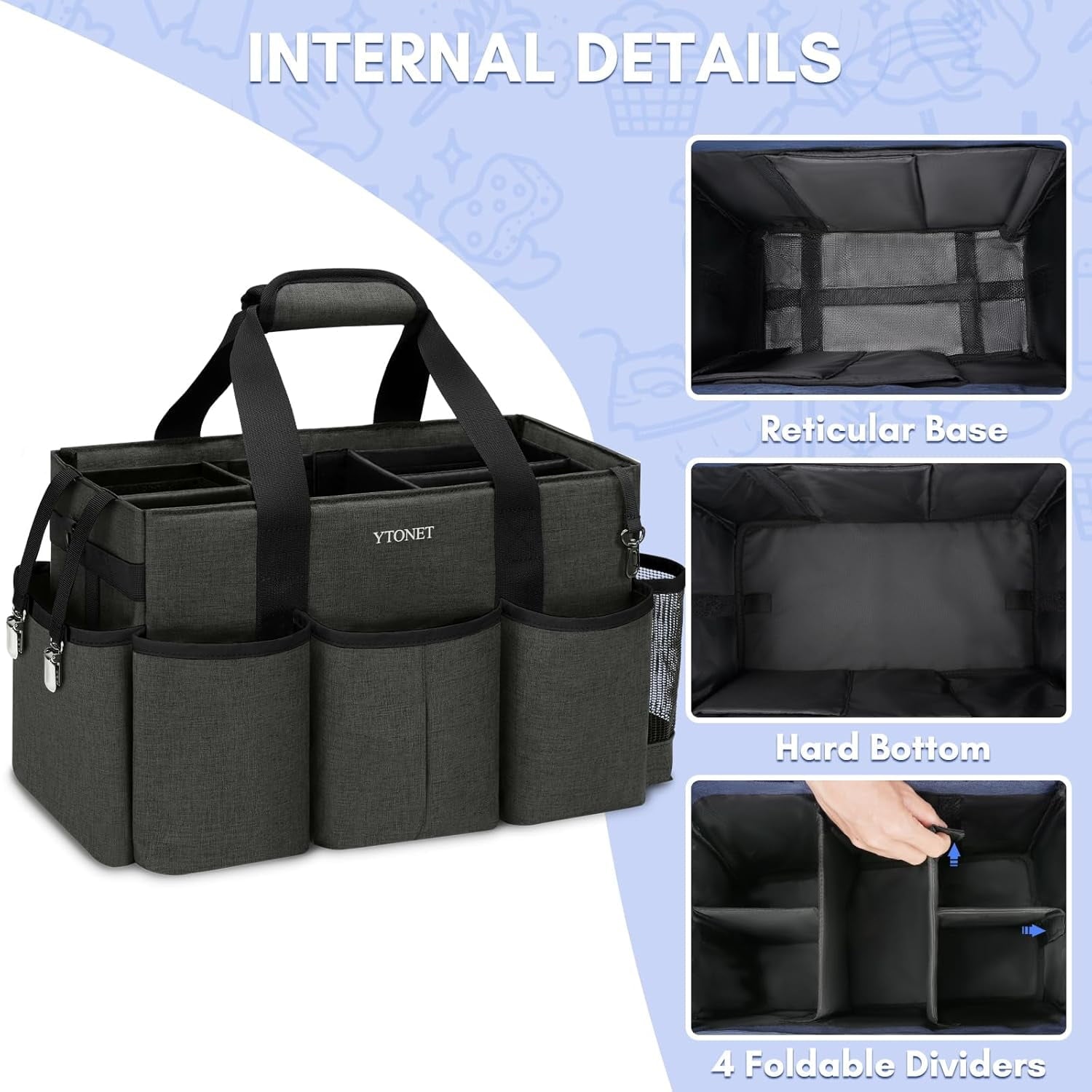 Ytonet Wearable Cleaning Caddy Bag, Sturdy Large Supplies Organizer, Caddy Organizer with Strap, Black
