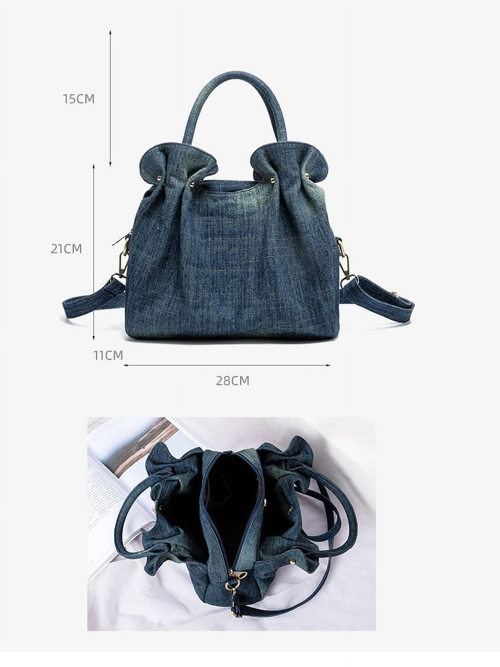 Fashion Ruched ladies handbag Commuting Denim women Shoulder Crossbody Bag Multiple pockets Luxury design Female big Totes blue