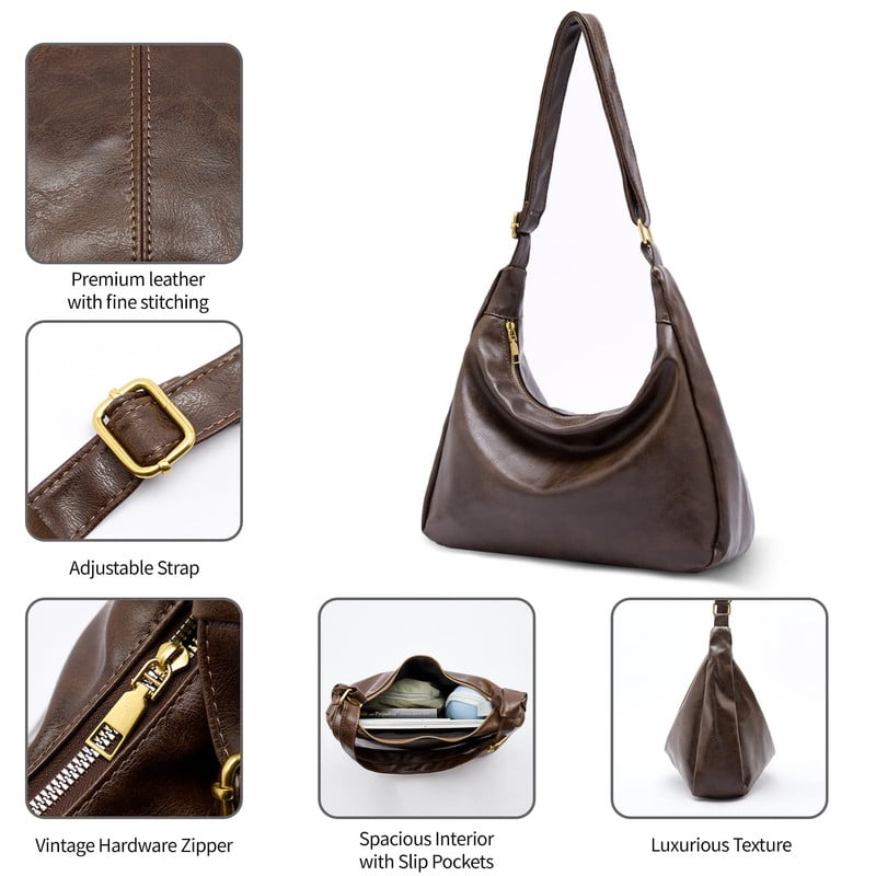 AOUNQ Hobo Bags for Women, Vegan Leather Shoulder Handbag, Stylish Slouchy Tote Bag, Crossbody Purses with Adjustable Wide Strap, Brown