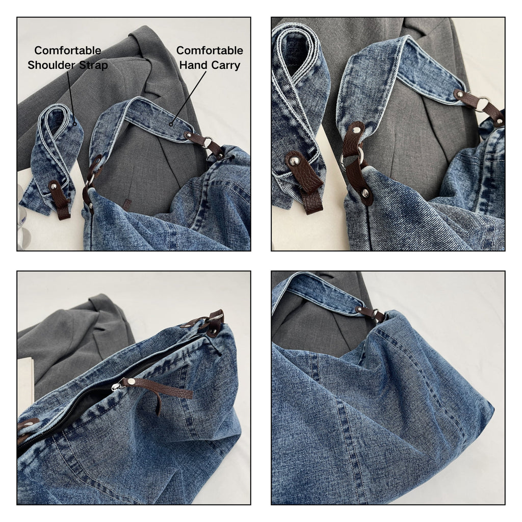 Women's Large Denim Messenger Bag, Hobo Crossbody Tote with 2 Removable Straps & Magnetic Closure, Blue Jean Shoulder Purse