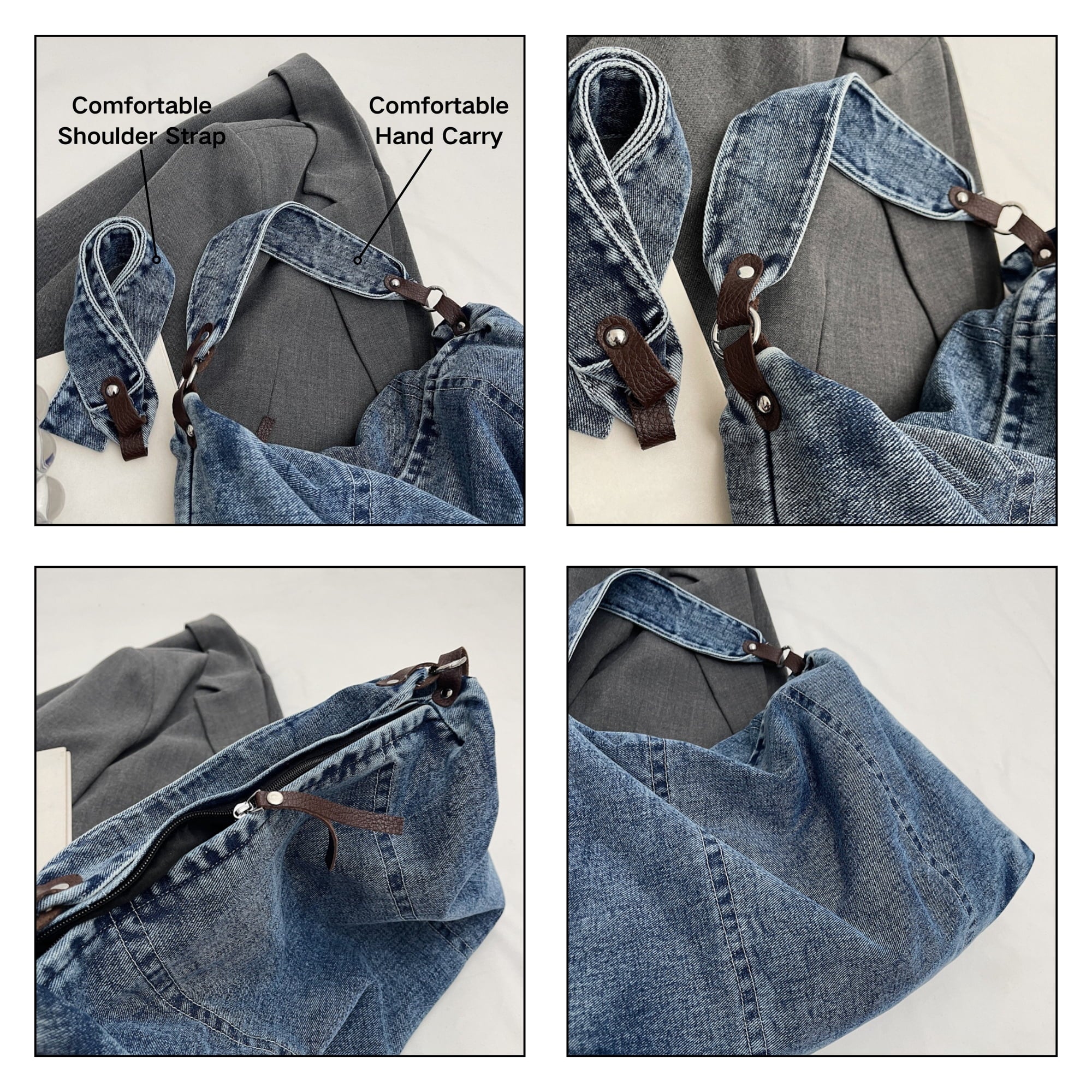 Women's Large Denim Messenger Bag, Hobo Crossbody Tote with 2 Removable Straps & Magnetic Closure, Blue Jean Shoulder Purse