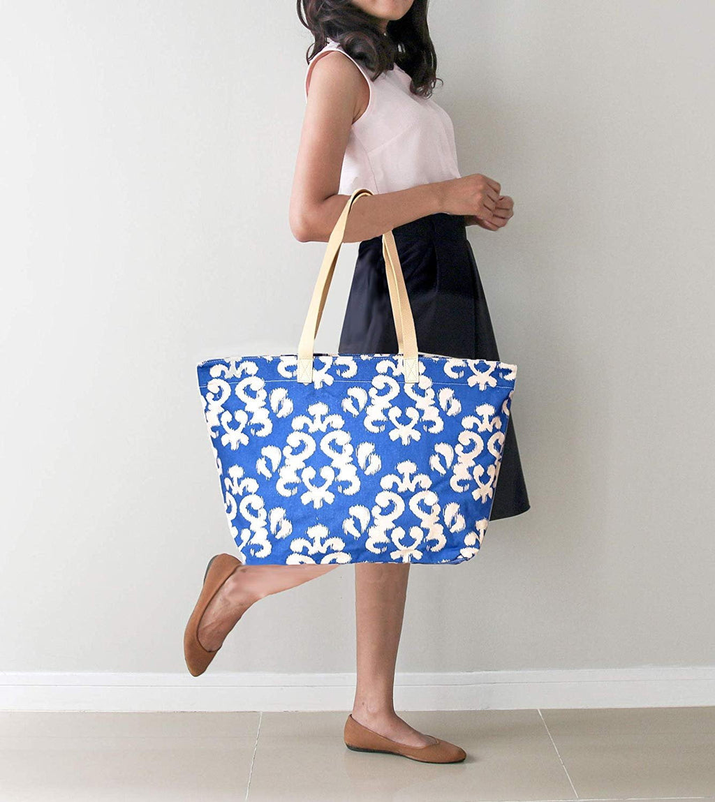 X Large Canvas Blue Damask Print Beach Bag Travel Tote for Women