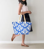 X Large Canvas Blue Damask Print Beach Bag Travel Tote for Women