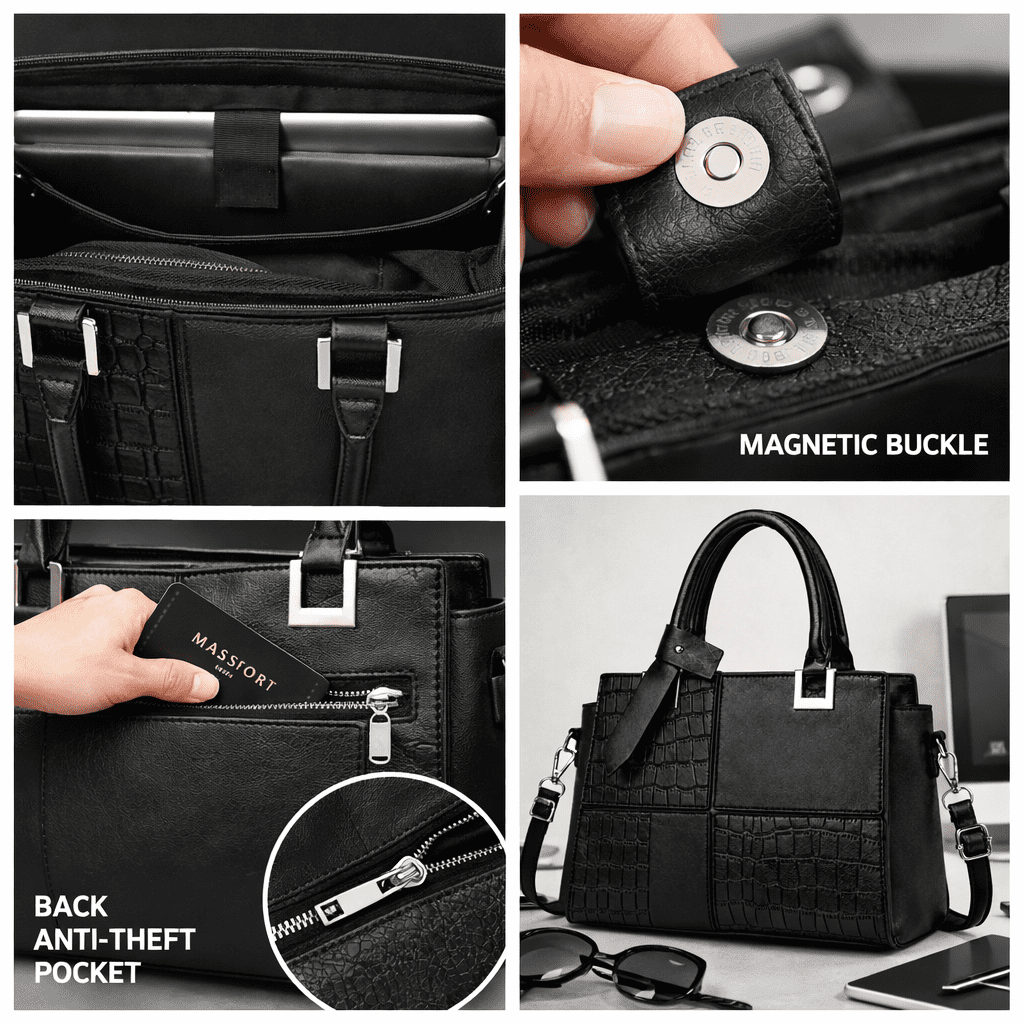 AVMPRO Women's PU Solid Tote Shoulder Handbag, Black