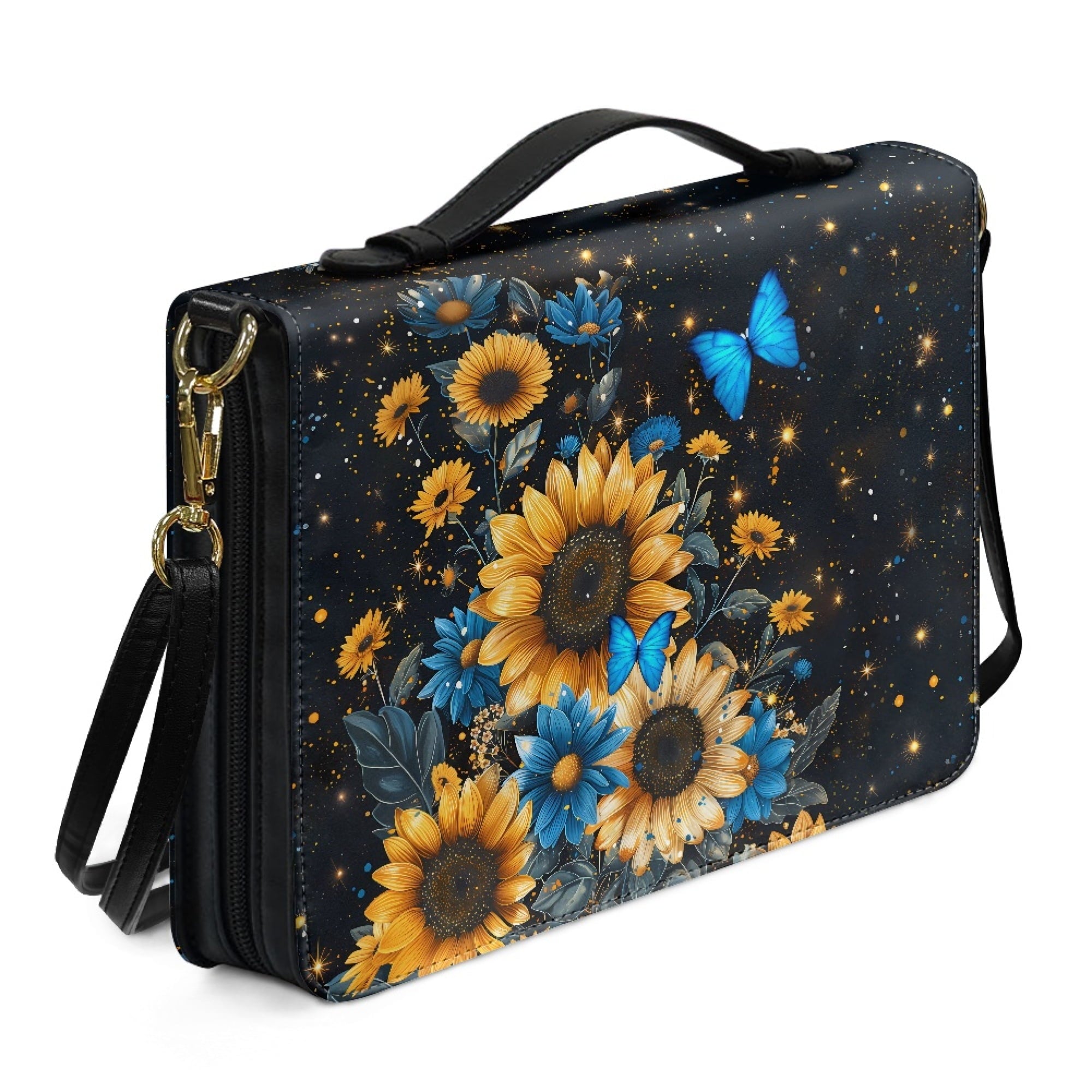 FOR U DESIGNS Galaxy Sunflower Bible Cover for Women Butterfly Leather Personalized Book Organizer Bag Size M Reusable Bible Case with Bookmark for Girls for Bible Study Religious