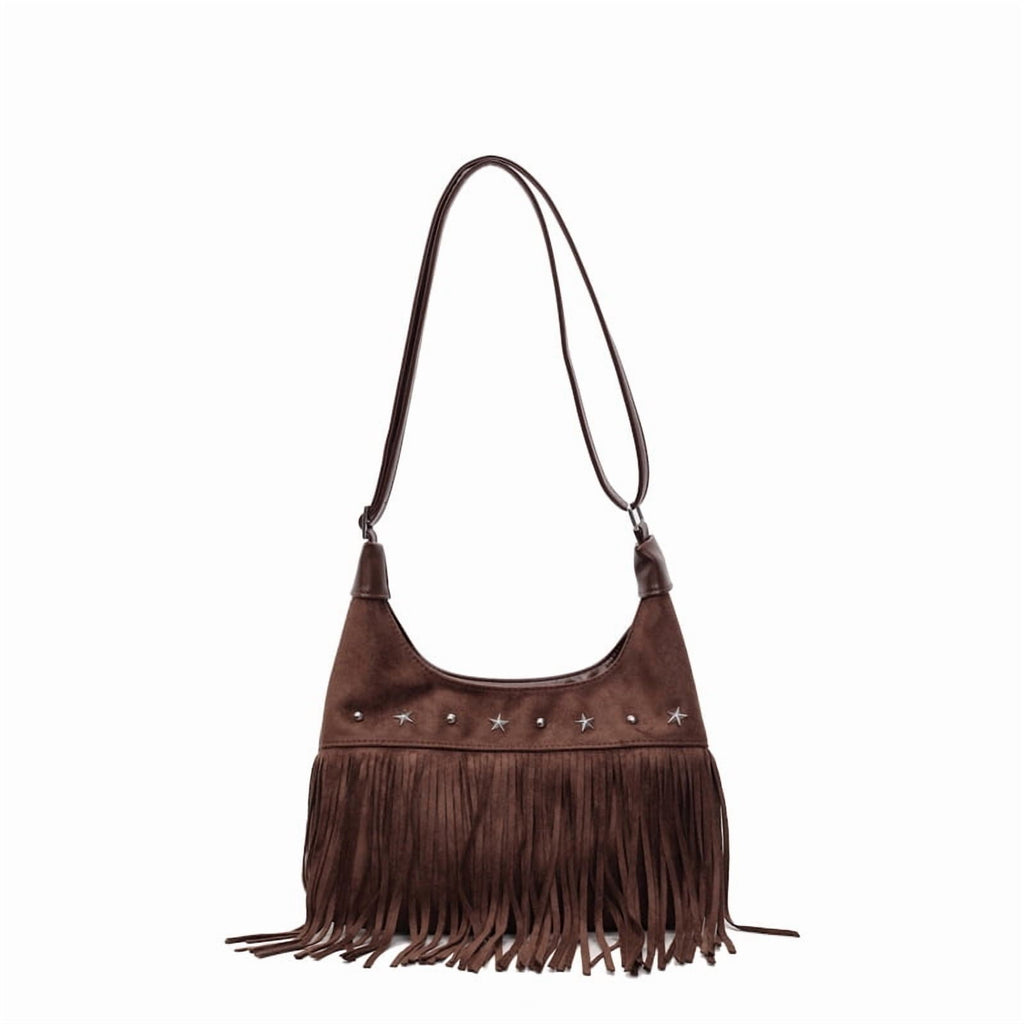 Baguery Women's Fringe Tote Bag - Western Star Studded Vintage Faux Suede Hobo/Shoulder Bag for Daily Casual (11.02×7.09×2.36in)​