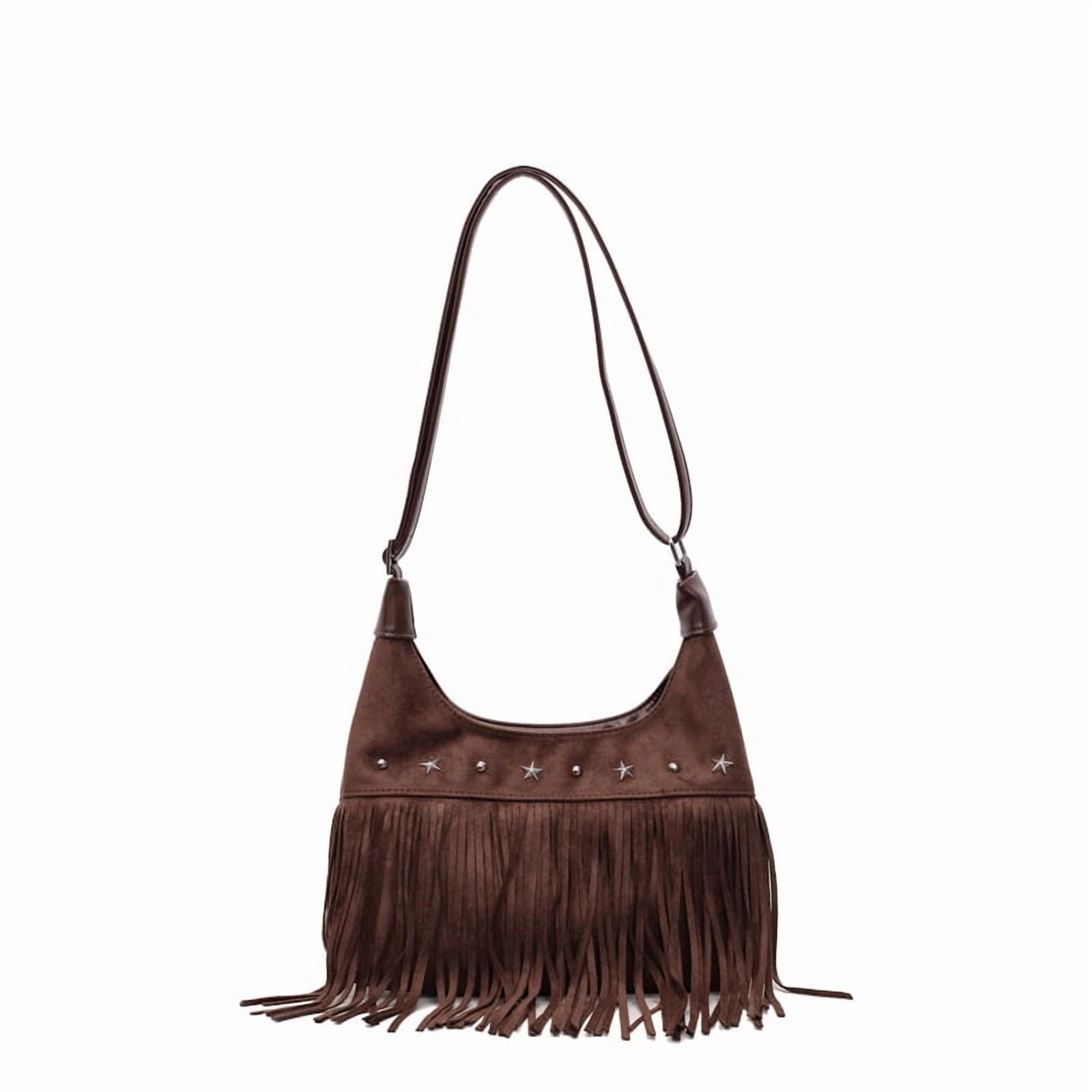 Baguery Women's Fringe Tote Bag - Western Star Studded Vintage Faux Suede Hobo/Shoulder Bag for Daily Casual (11.02×7.09×2.36in)​