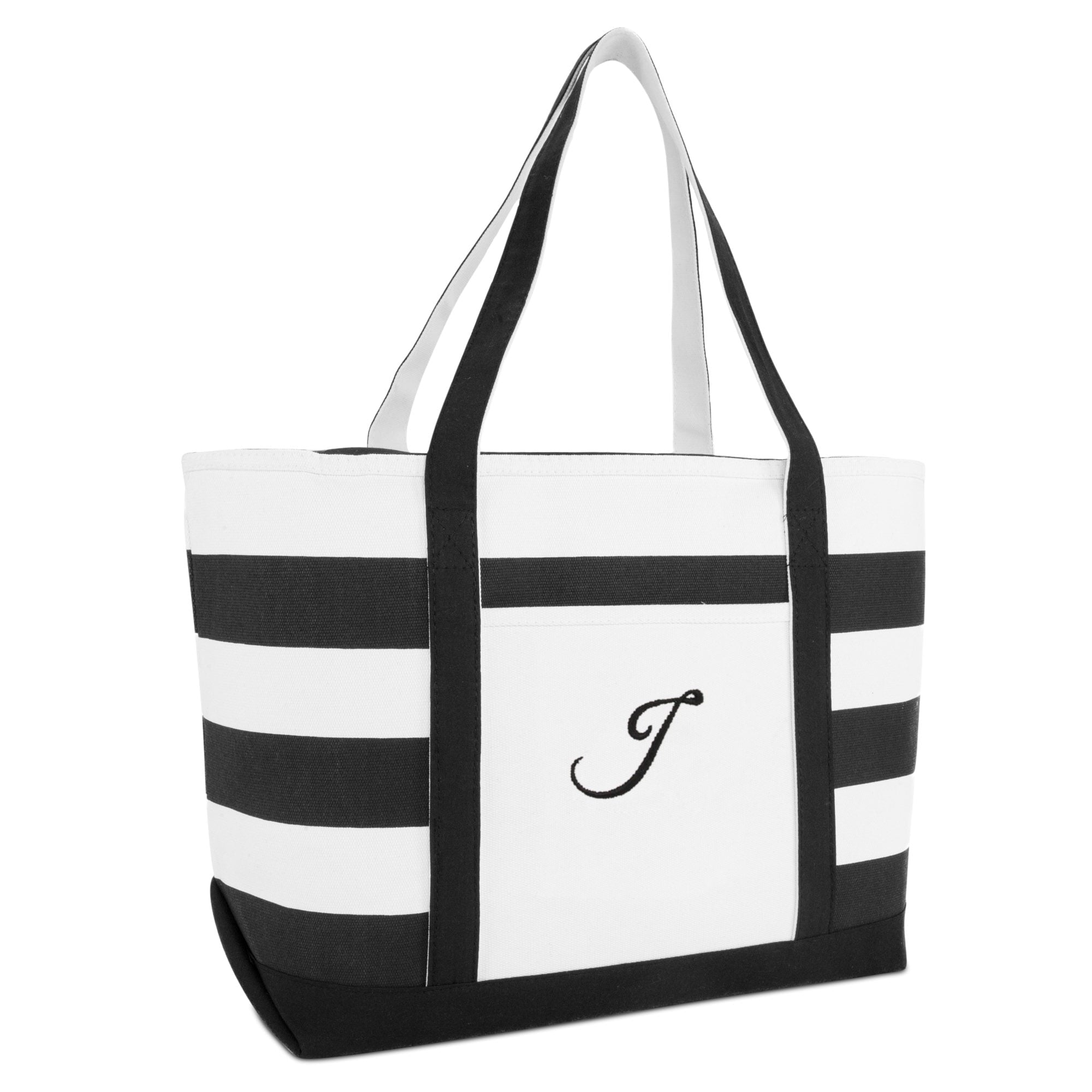 Striped Beach Bag Tote Bags Handbag Personalized Black Ballent Letter W - Beach Bag