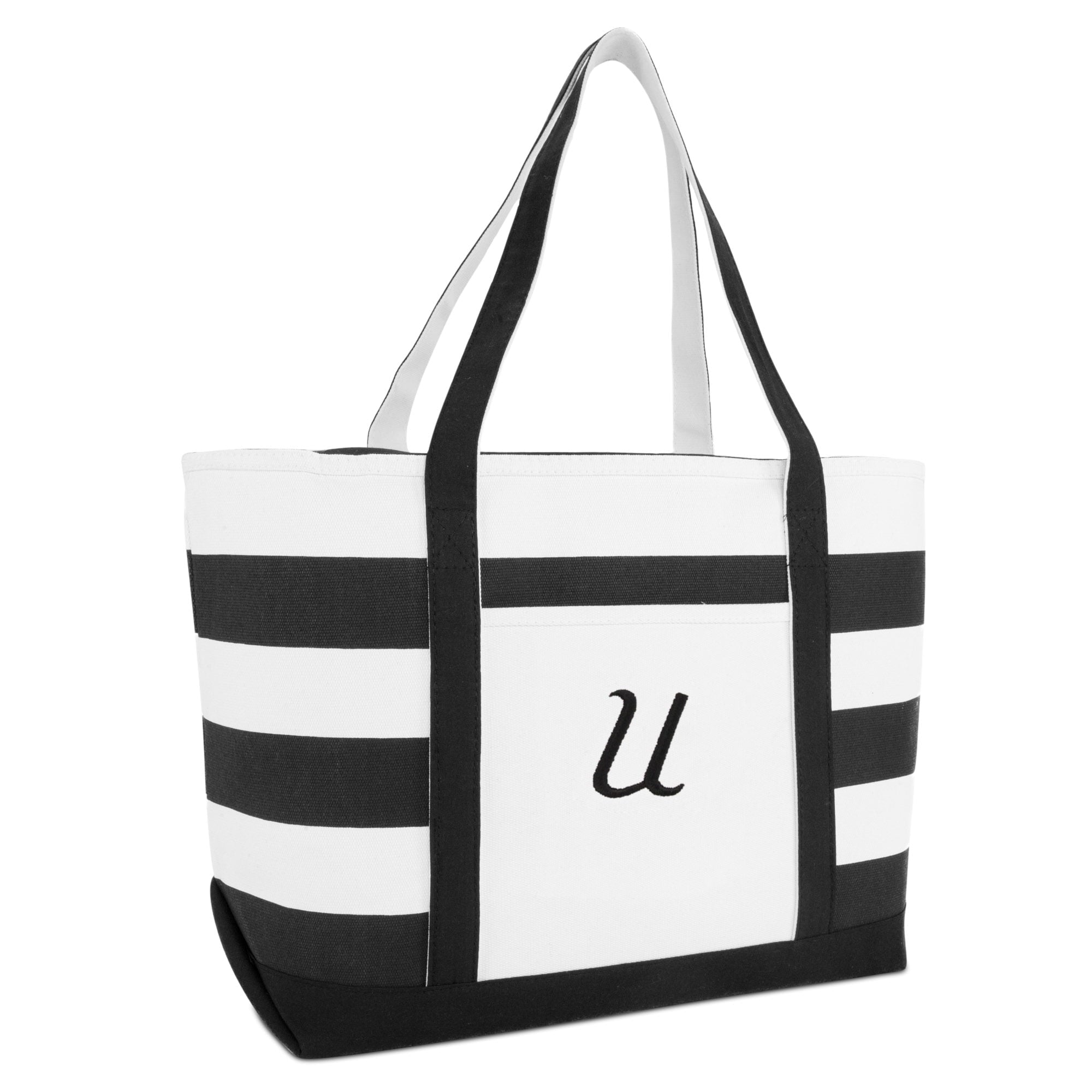 Striped Beach Bag Tote Bags Handbag Personalized Black Ballent Letter W - Beach Bag