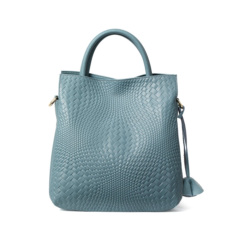 Genuine leather, large capacity, handbag with woven flower design on the armhole, detachable shoulder strap, wallet, storage bag