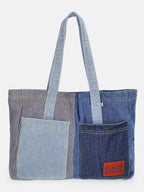 Kacey Lee Women's Denim Tote Bag, Hickory Stripe and Patchwork