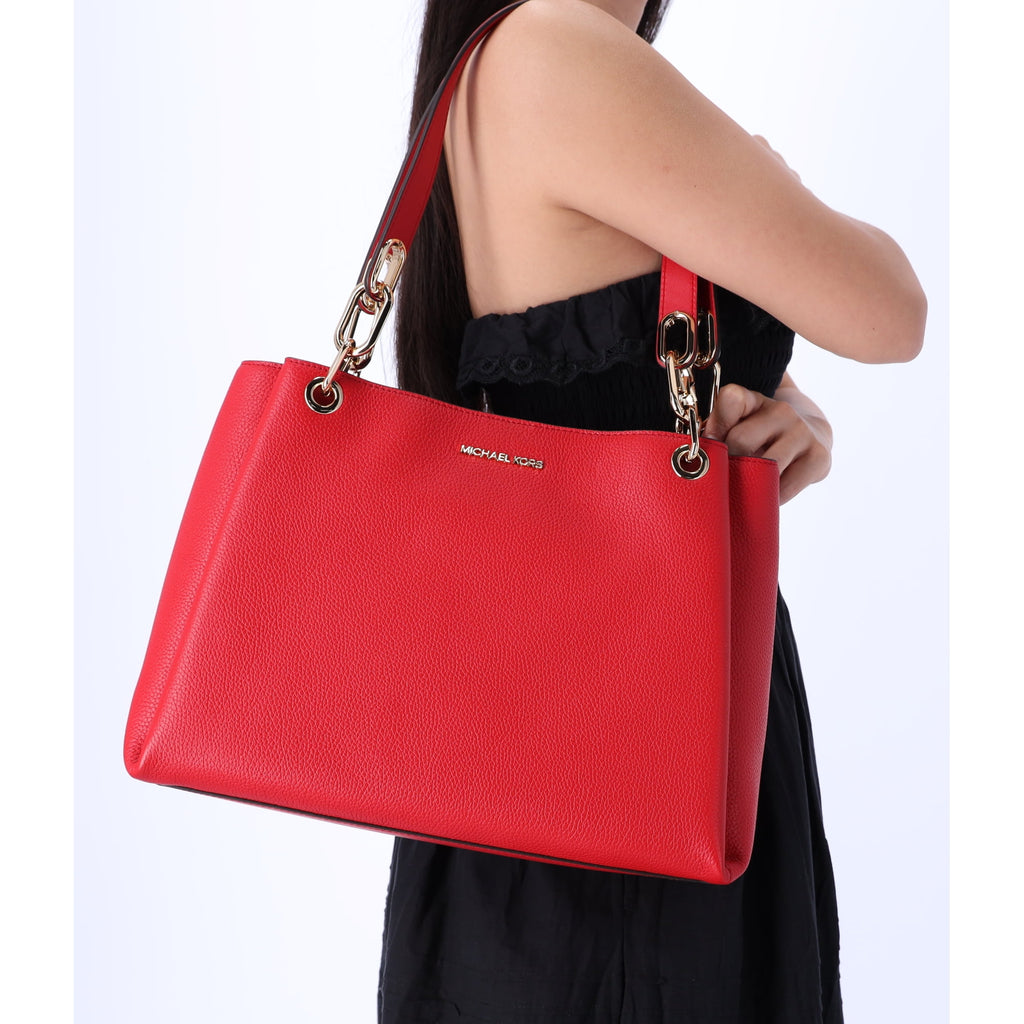 Michael Kors Trisha Large Triple Gusset Compartment Shoulder Tote Bright Red