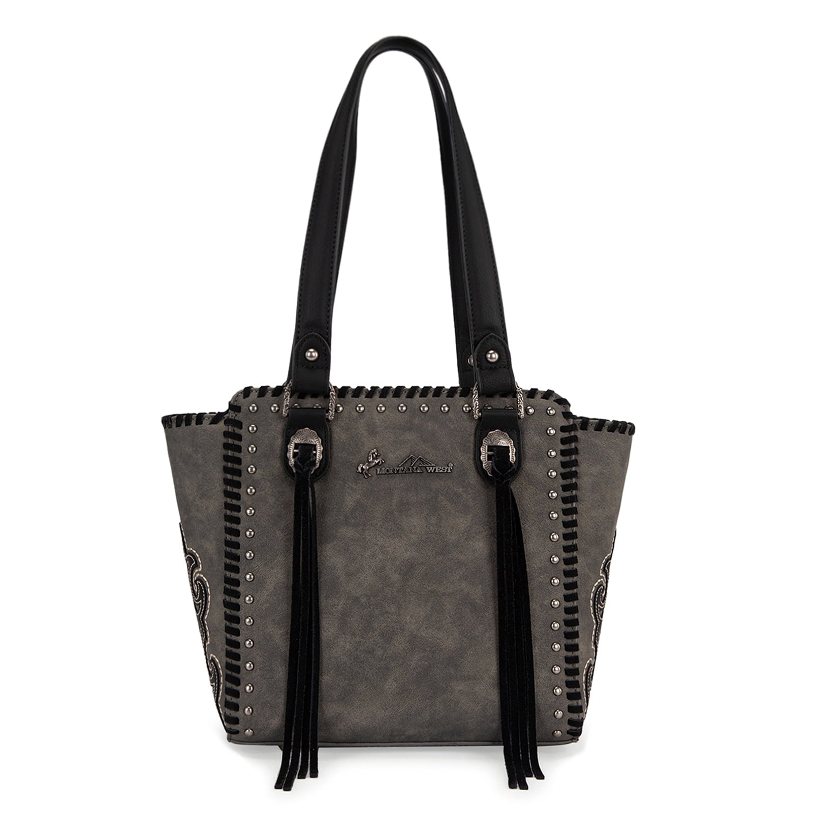 Montana West Western Tote Bag for Women Studded PU Leather Handbag with Fringe Tassel Fashion Medium Size Shoulder Purse Cowgirl Style Tote, Tan - Tote Bag