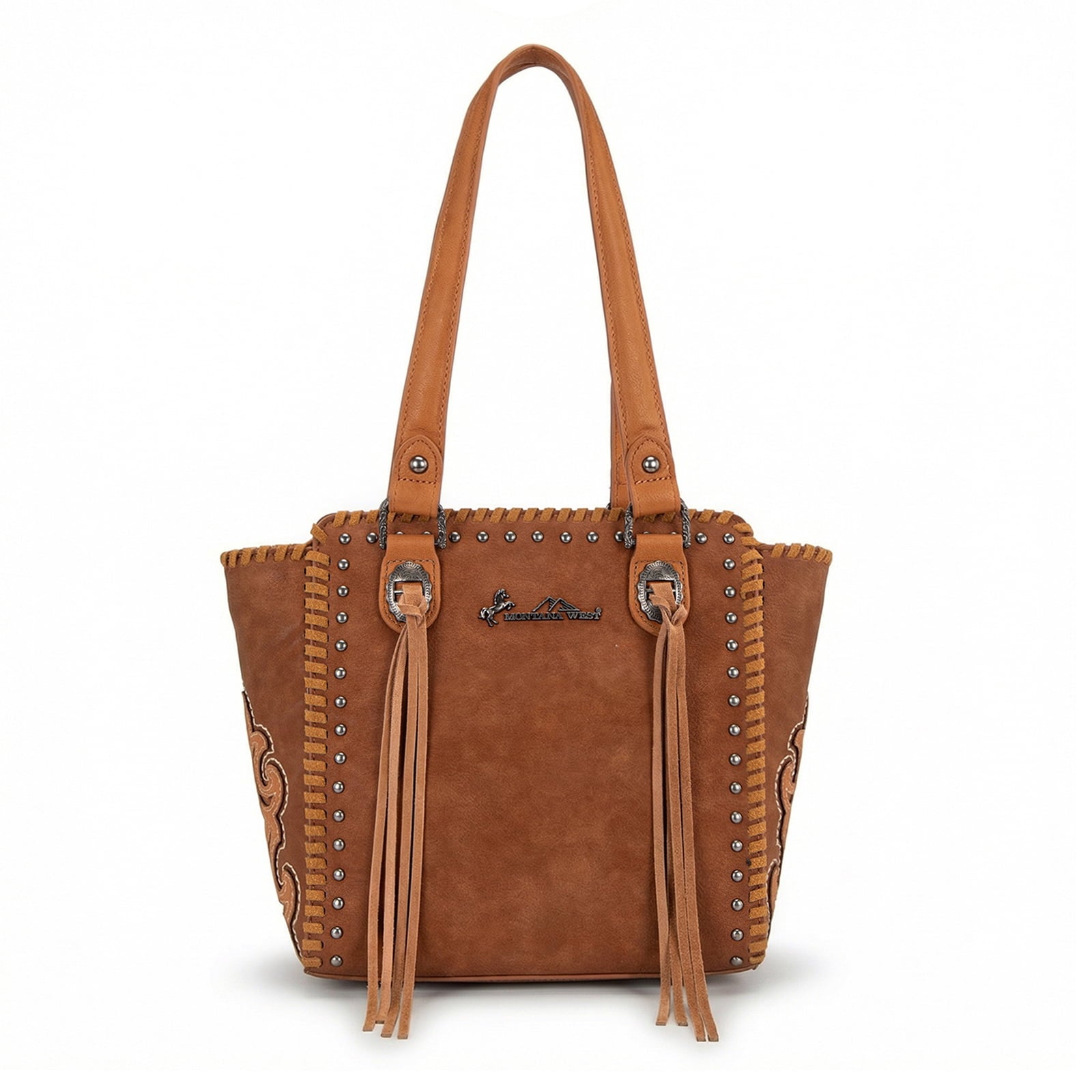 Montana West Western Tote Bag for Women Studded PU Leather Handbag with Fringe Tassel Fashion Medium Size Shoulder Purse Cowgirl Style Tote, Tan - Tote Bag